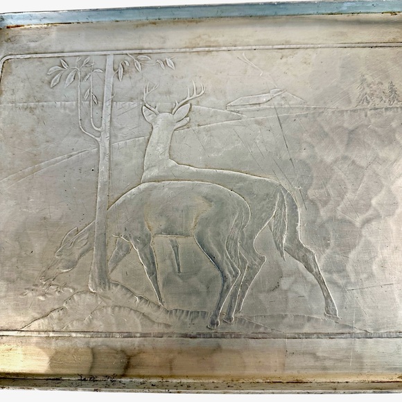 Poor Mans Silver Hammered Aluminum Rectangular Serving Tray Deer/Cabin OOAK - Picture 1 of 9